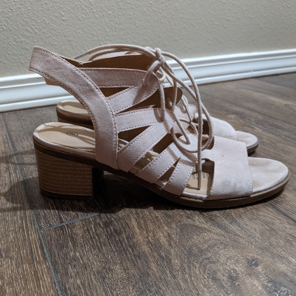Rubi Shoes - Nude tan suede lace up chunky block cage heels 8 EUC